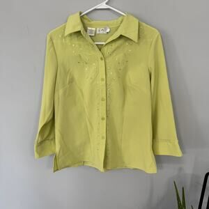 Vintage Kathy Che Stretch Bright Green Button Down Shirt Size 10 Floral Sequins